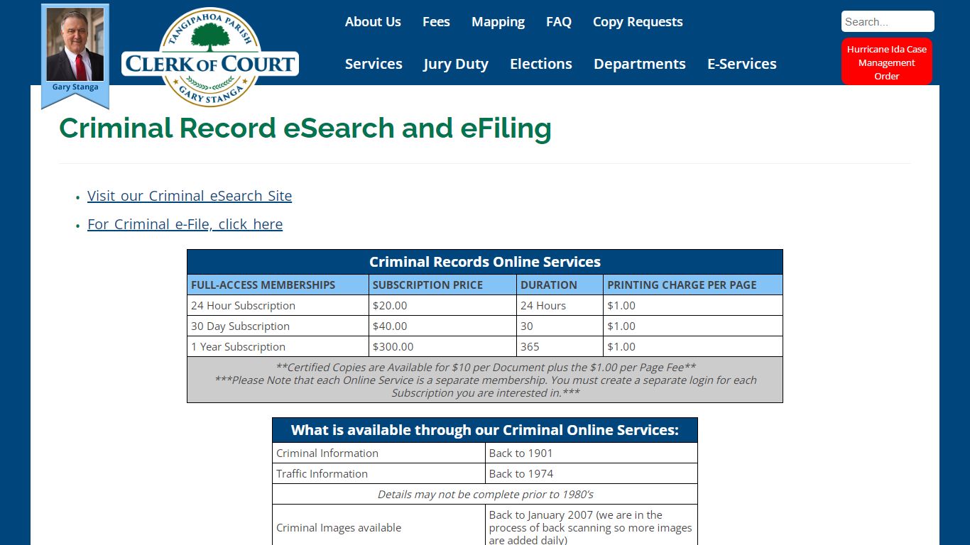 Tangipahoa Parish Clerk of Court > E-Services > Criminal Record eSearch